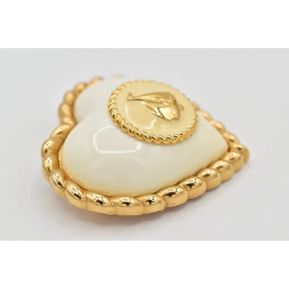 Vintage Heart Sail Boat Nautical Pin Brooch Chunky Heavy White Gold 1990s BinAL